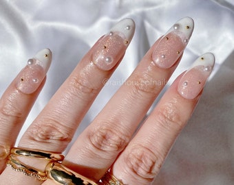 White French Tip Press on Nails With Cherry Charms and Pink Crystals YDK  Valentines Day 2024 Gift 