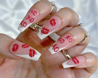 XOXO Glitter Press on Nails with Red Kiss Marks and White French Tips