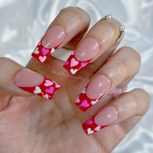 Hearts Press on Nails, Valentine's Day Nails, Cute Nails, French Tips Nails, Fake Nails, Glue on Nails, Custom Nails, Red Nails