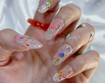 Y2K Press on Nails, Glitter Nails, Fake Nails, Almond Nails, Glue on Nails, Short Nails, Acrylic Nails