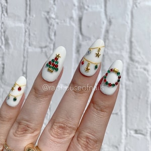 Christmas Tree Press on Nails, Christmas Nails, Rhinestone Fake Nails, Bling Nails, Custom Nails