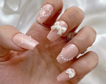 Pink Cute Press on Nails, Glitter Nails, Sparkly Nails, Kawaii Nails, Coffin Short Nails, Gel Nails, False Nails