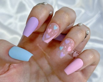 Pastel Heart Press on Nails in Matte Pink, Blue, and Lavender