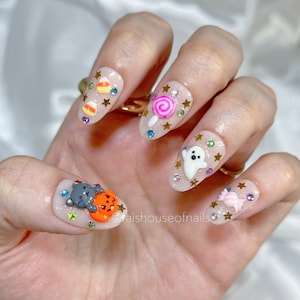 Halloween Press on Nails, 3D Nail Art, Cute Nails, Kawaii Nails, Japanese Nails, Short Nails, Fake Nails