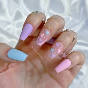 Valentine&#39;s Day Press on Nails, Heart Nails, Pastel Nails, Matte Nails, Fake Nails, Coffin Nails, Short Nails