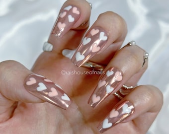 Pink Hearts Press on Nails, Valentine's Day Press on Nails, Metallic Nails, Fake Nails, Coffin Nails, Glue on Nails, Gel Nails