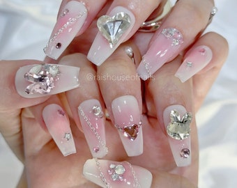 Pink Blush Press on Nails, Y2K Nails, Bling Nails, Luxury Nails, Coffin Nails, False Nails, Long Nails