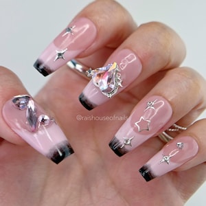 Pink French Tip Press on Nails with Rhinestones and Silver Stars, Handmade Press ons, Reusable Fake Nails,  Custom Press on Nails