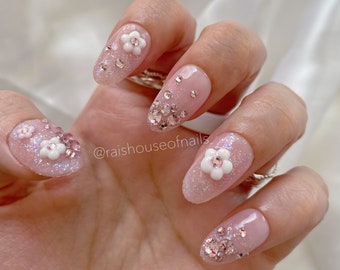 Pink Glitter Press On Nails With 3D Flowers and Rose Gold Rhinestones