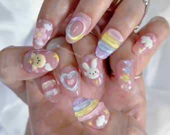 Cute Jelly Press on Nails, Korean Nails, Kawaii Nails, Short Almond Nails, Pastel Nails, 3d Nail Art