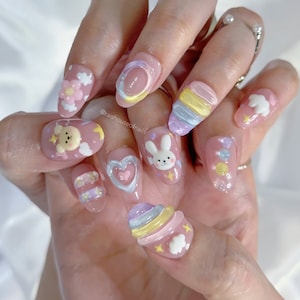 Cute Jelly Press on Nails, Kawaii Korean Nails, Short Almond Press on Nails, 3D Pastel Press Ons