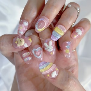 Cute Jelly Press on Nails, Korean Nails, Kawaii Nails, Short Almond Nails, Pastel Nails, 3d Nail Art