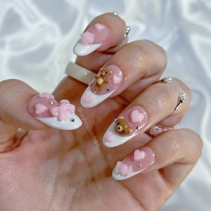 Valentine's Day Press on Nails, Kawaii Teddy Bear Nails, 3D Nail Art, Cute Nails, French Tip Nails, Almond  Nails, Japanese  Nails