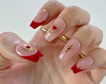 Red and Gold Jewelry Press on Nails, Heart Nails, Reusable Nails, Coffin Nails, Fake Nails