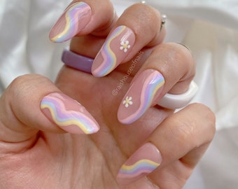 Pastel Rainbow  Press on Nails, Wavy Nails. Cute Nails, Fake Nails, Minimal Nails, Glue on Nails, Summer Nails, Short Almond Nails
