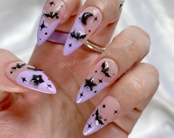 3D Bats Halloween Press on Nails, Spooky Nails, Scary Nails, Pastel Goth Fake Nails, Stiletto Glue on Nails