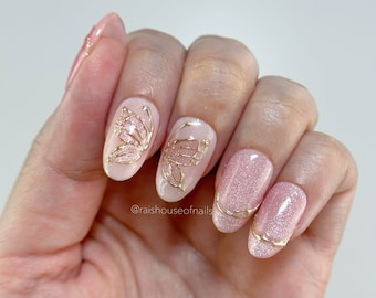 Gold Butterfly Press on Nails, Luxury Cat Eye Press ons, Handmade Pink Velvet Fake Nails, Custom Glitter Nails