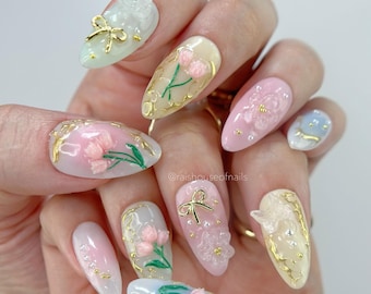 Pastel Tulip Press on Nails with 3D Butterflies, Gold Bows, and Vines