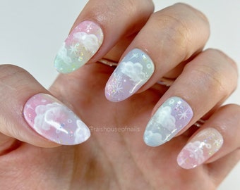 Pastel Cloud Press on Nails with Hand-Painted Clouds, Glitter, and Stars