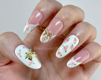 Coquette Rose Press on Nails with Gold Bows and White French Tips