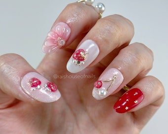 Strawberry Press on Nails, Cherry Nails, Jelly Nails, Gold Nails, Flower Nails, Gold Nails, Pearl Nails, Spring Nails, Handmade Nails