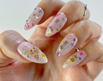 Cute Cat Press on Nails - Almond Shape - Short Length - Kawaii Jelly Y2K Style