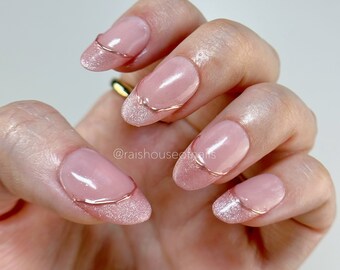 Pink Velvet Press on Nails, Rose Gold Chrome Nails, Cat Eye Nails, French Nails, Short Nails, Handmade Press on Nails