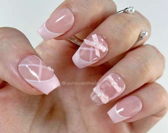 Pink Coquette Press on Nails with Ribbon Bows, French Tips, and Pearls