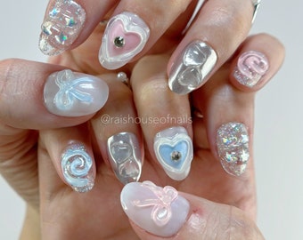 Jelly Press on Nails, Metallic Nails, Y2K Nails, Short Nails, Almond Nails, Silver Nails, 3d Nail Art, Chrome Nails, Bow Nails