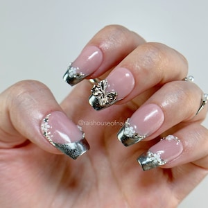 Chrome French tip press on nails with flowers and bow