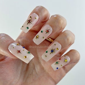 Gold Metallic Stars with Rhinestones Press on Nails, Luxury Nails, Chrome Nails, Fake Nails, Glue on Nails, Reusable Nails