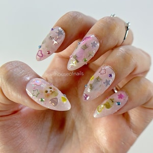 Cute Cat Press on Nails - Almond Shape - Short Length - Kawaii Jelly Y2K Style