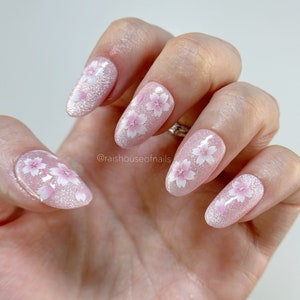 cat eye gel pink flower press on nails