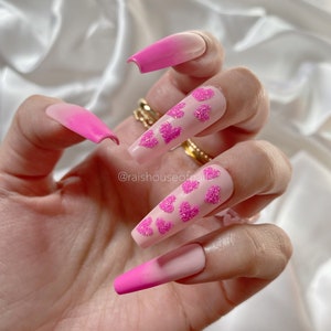 Handmade Pink Heart Press On Nails, Valentine&#39;s Day, Long Coffin