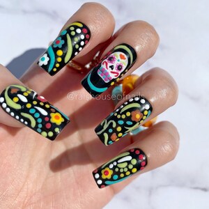 Uñas postizas de Halloween, uñas del Día de Muertos, uñas de calaveras de azúcar, uñas del Día de Muertos, uñas de miedo