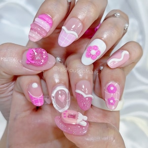 Pink Jelly Press on Nails, Y2K Nails, 3D Nail Art, Korean Nails, Fake Nails,  Glue on Nails, 90s Nails, Acrylic Nails