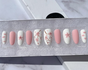 Sakura Cherry Blossom Press on Nails, Spring Japanese Flowers False Nails, Short Almond Nails,