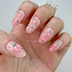 Peach Press on Nails, Fruit Press ons, Summer Fake Nails, Almond Short Nails, Handmade Press ons