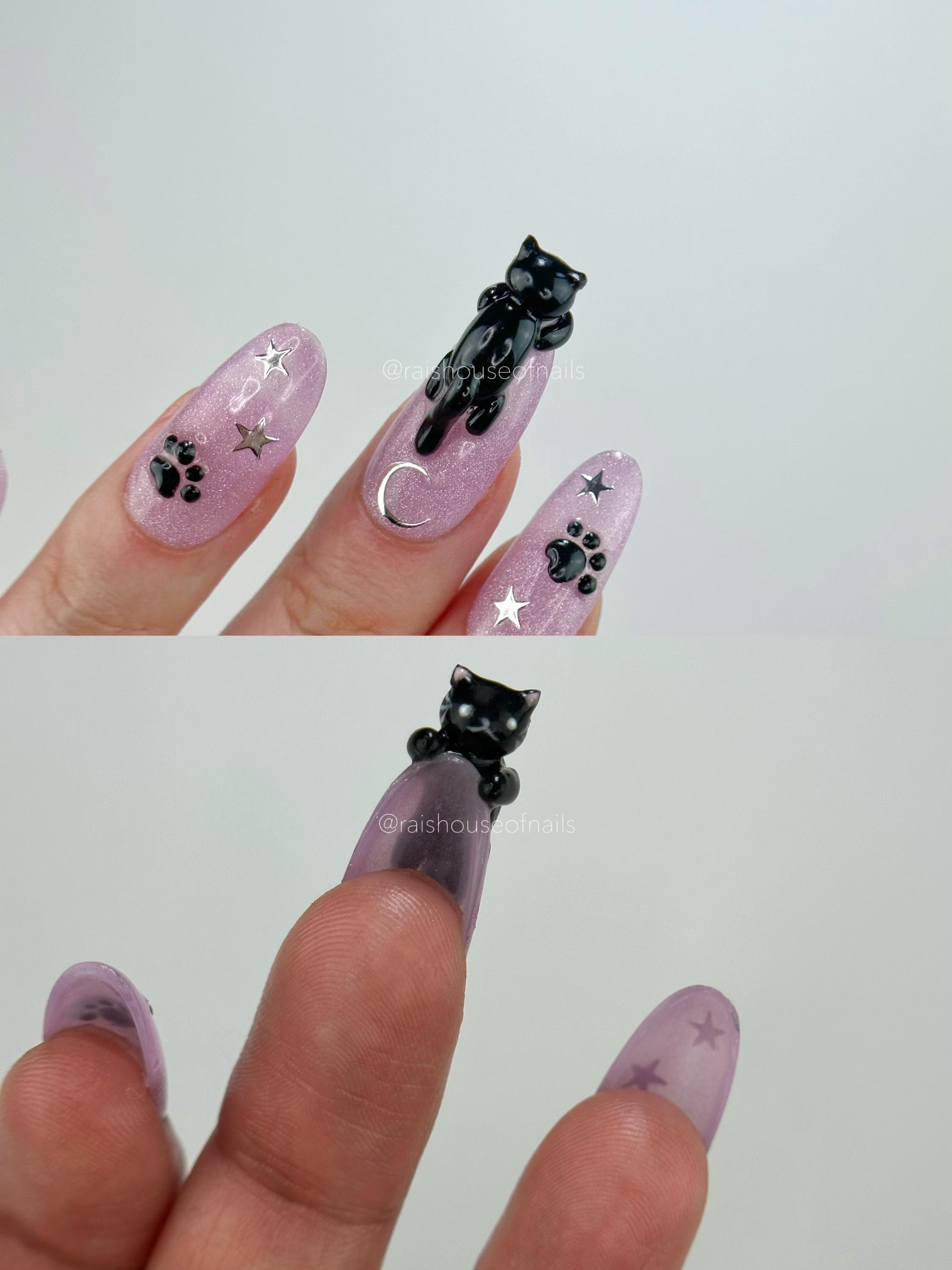 3d Black Cat Press on Nails, Halloween Nails, Kitty Press ons, Japanese Nails, Cute Nails, Handmade Nails