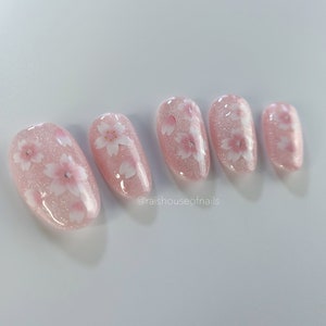 Pink Flower Cat Eye Press on Nails, Velvet Nails, Sakura Nails, Cherry Blossom Nails, Custom Nails, Reusable Nails, Handmade Nails image 8
