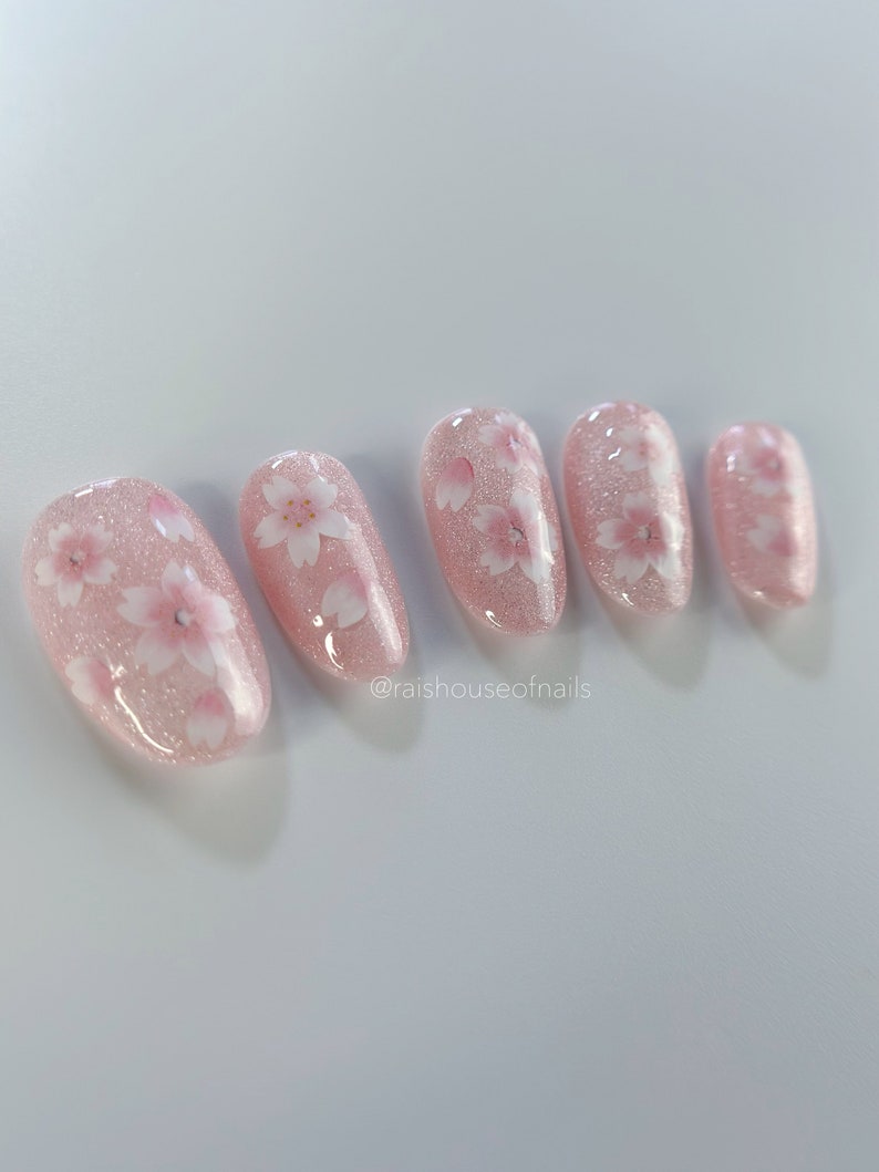 Pink Flower Cat Eye Press on Nails, Velvet Nails, Sakura Nails, Cherry Blossom Nails, Custom Nails, Reusable Nails, Handmade Nails image 8