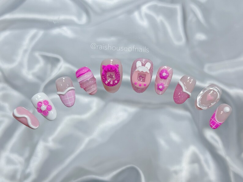 Pink Jelly Press on Nails, Y2K Nails, 3D Nail Art, Korean Nails, Fake Nails, Glue on Nails, 90s Nails, Acrylic Nails image 4