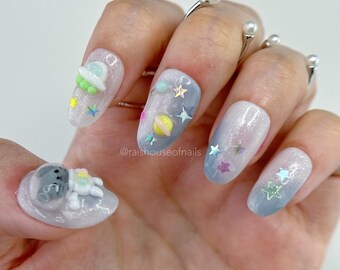 3D Space Cat Press on Nails with UFO, Saturn, and Holographic Stars