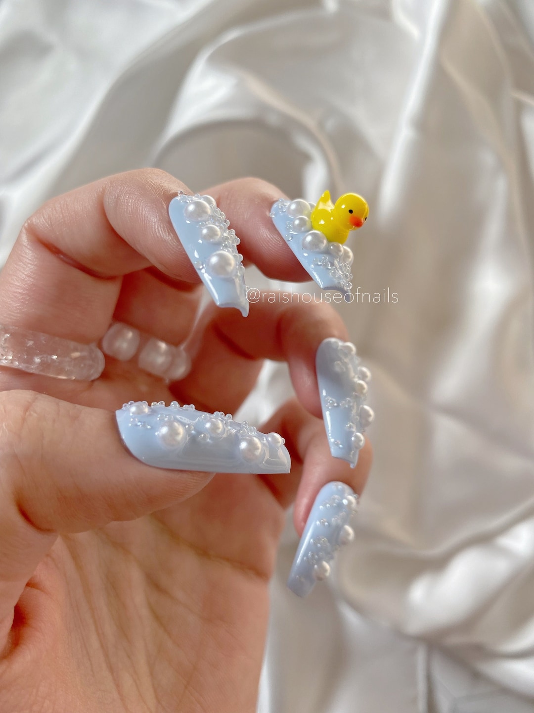 3Dパールチャーム付きラバーダックプレスオンネイル、可愛い日本製