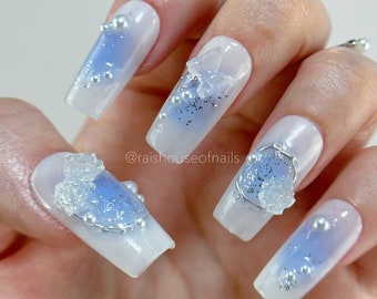 Blue Aura Press on Nails, Blush Nails, Glitter Nails, Butterfly Nails, Flower Nails, Handmade Nails, Wedding Nails, Pearl Nails