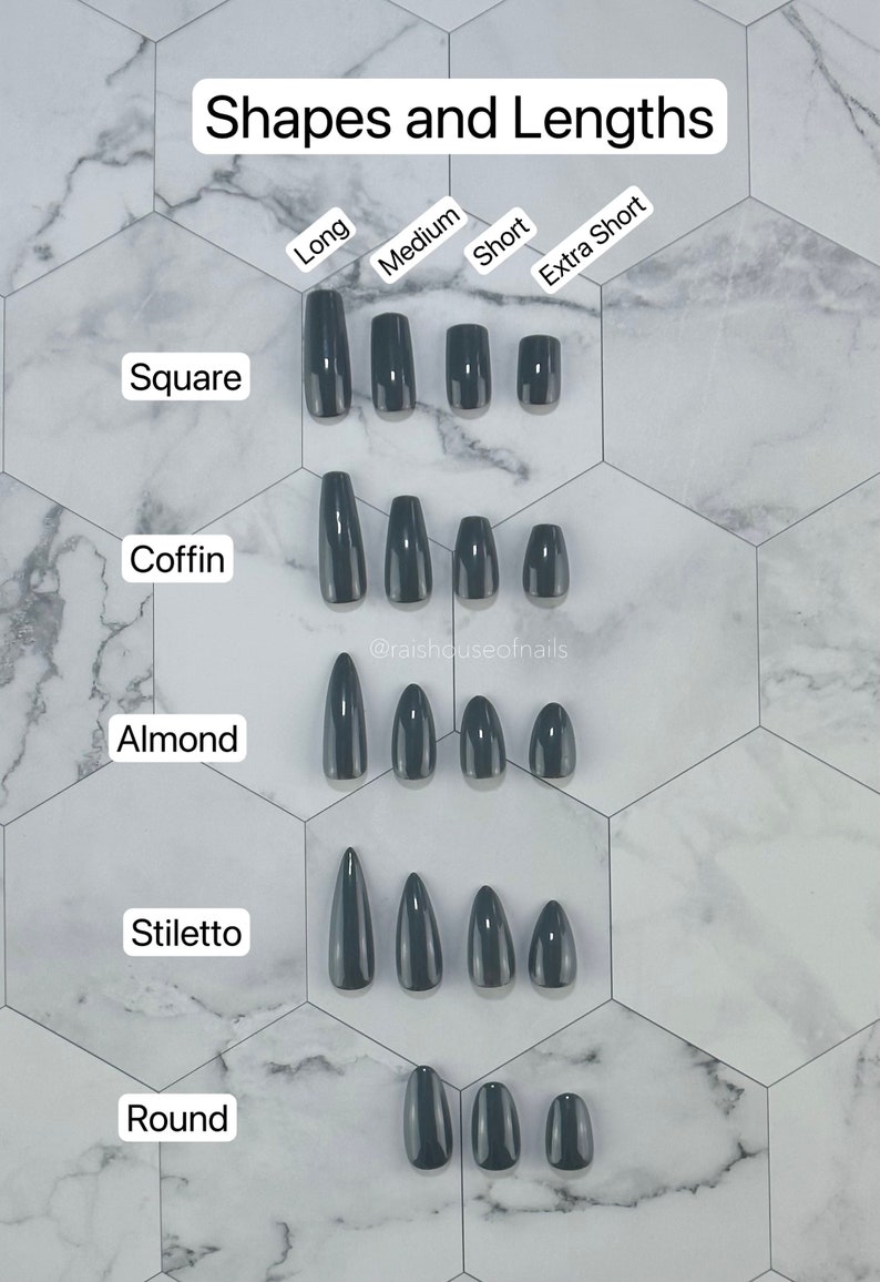 May include: Image showcasing various nail shapes and lengths, including square, coffin, almond, stiletto, and round. Each shape is displayed in long, medium, short, and extra short lengths. The nails are a solid dark gray color, arranged on a white and gray hexagonal tile background. Text reads "Shapes and Lengths".