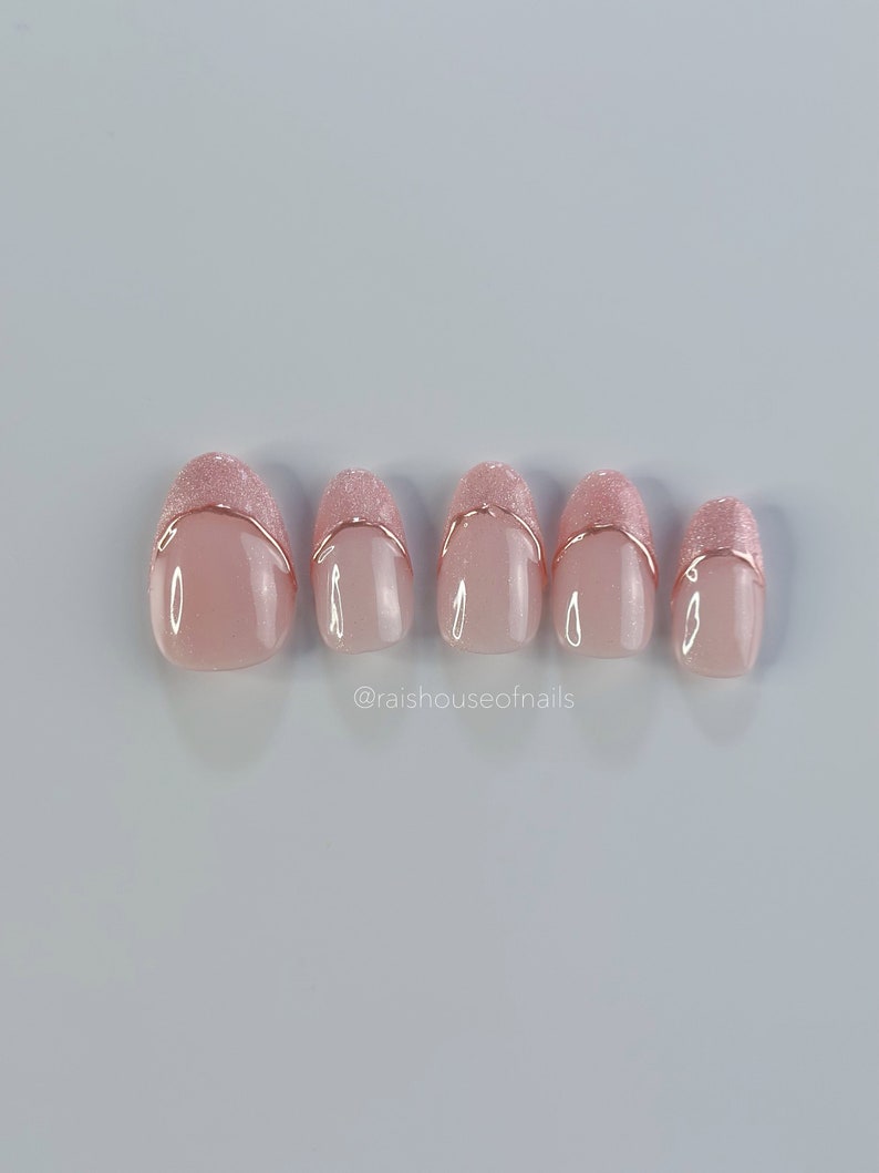 Pink Velvet Press on Nails, Rose Gold Chrome Nails, Cat Eye Nails, French Nails, Short Nails, Handmade Press on Nails image 4