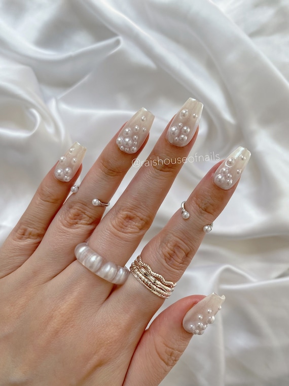 Glazed Donut Press on Nails, Pearl Nails, Chrome Nails, Bridal