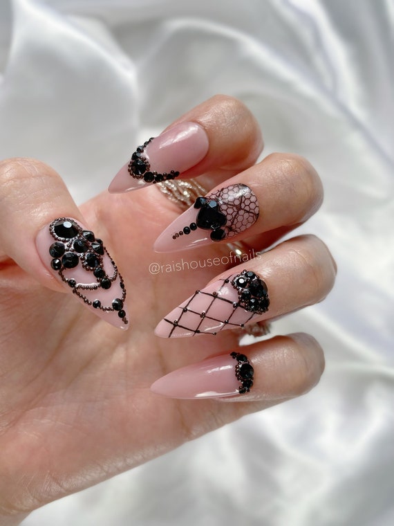 Goth Press on Nails Black Lace Nails Nails With Rhinestones 