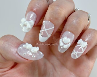 White Coquette Press on Nails, Ballet Nails, Cute Nails, Short Nails, Bunny Nails, Bow Nails, Handmade Nails, Kawaii Nails